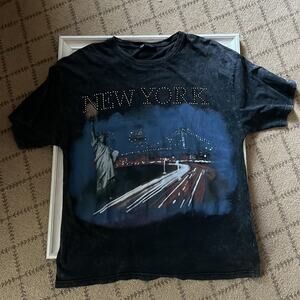Zara Black distressed NYC tee w stud detail - S